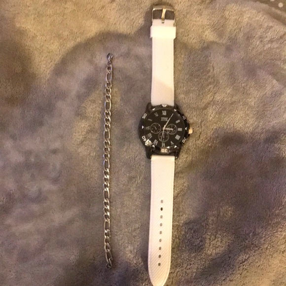 Time White Mens Sports Watch With Matching Stainless Steel Bracelet Set - Picture 1 of 5